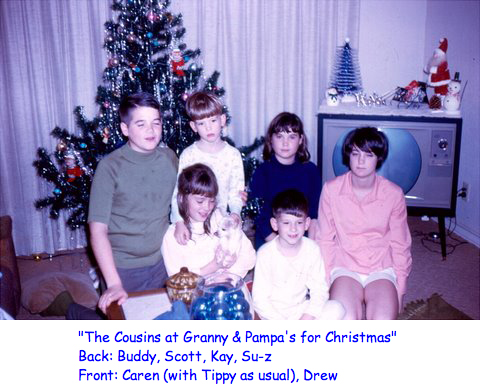 <the cousins at granny and pampa;s for christmas buddy scott kay su-z caren with tippy as usual drew>